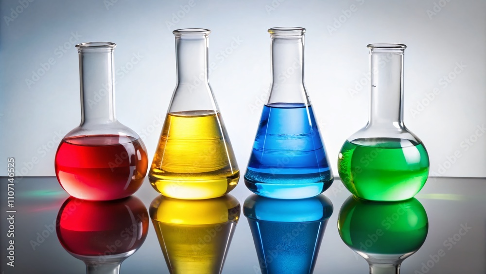 A vibrant display of laboratory flasks and beakers arranged on a white surface, showcasing colorful liquids and reflecting the essence of scientific exploration. A vibrant display of laboratory flasks and beakers arranged on a white surface, showcasing colorful liquids and reflecting the essence of scientific exploration.