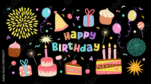 happy birthday party elements set hand drawn bright illustration, collection elements for design birth day event with cake, candles, fireworks, balloons, confetti, gift boxes, clip art,  vector