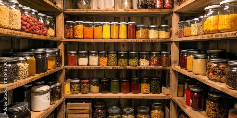 A neatly organized kitchen pantry with labeled jars, containers, and shelves full of food items and supplies.