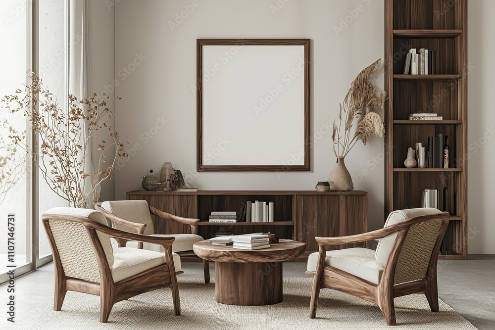 A simple wooden shelf with books and an empty poster frame on the wall, creating a minimalist Scandinavian interior design in light colors. The room has large windows and natural lighting A simple wooden shelf with books and an empty poster frame on the wall, creating a minimalist Scandinavian interior design in light colors. The room has large windows and natural lighting