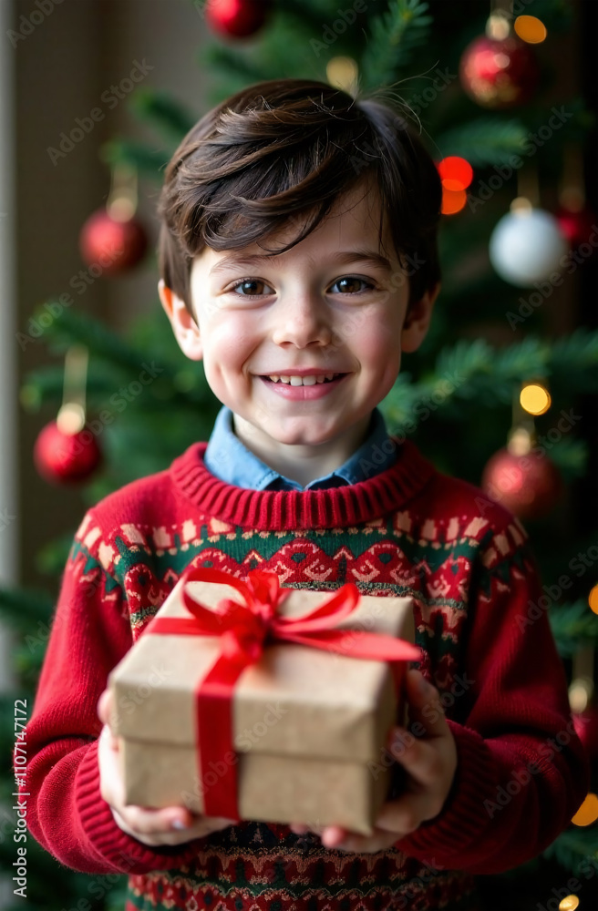 Portrait of a cute little boy holding a gift box in front of a Christmas tree Portrait of a cute little boy holding a gift box in front of a Christmas tree
