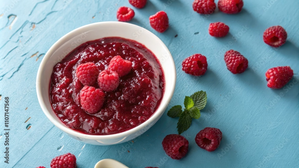 Delicious Raspberry Jam in a White Bowl on a Blue Background - Sweet, Healthy Spread for Breakfast or Baking, Perfect for Summer Recipes and Food Photography Delicious Raspberry Jam in a White Bowl on a Blue Background - Sweet, Healthy Spread for Breakfast or Baking, Perfect for Summer Recipes and Food Photography