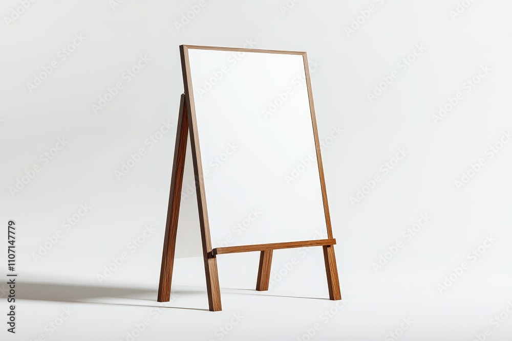 A blank wooden easel with a white surface against a white background. A blank wooden easel with a white surface against a white background.
