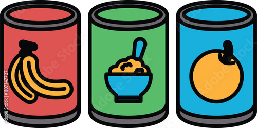 Three cans of food, one of which is a can of bananas
