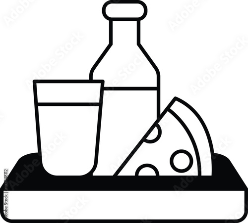 A tray with a glass of milk a slice of cheese pizza and a bottle of milk