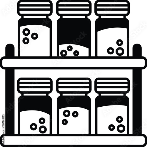 A row of black and white jars with lids on a shelf