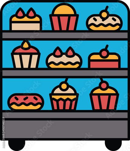 A cartoon image of a bakery display case with a variety of cakes and cupcakes