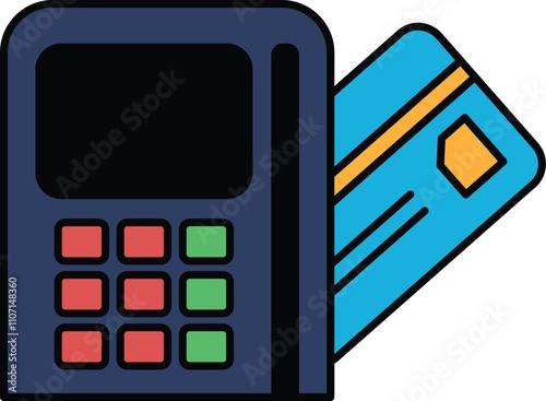 A credit card and a payment machine are shown together