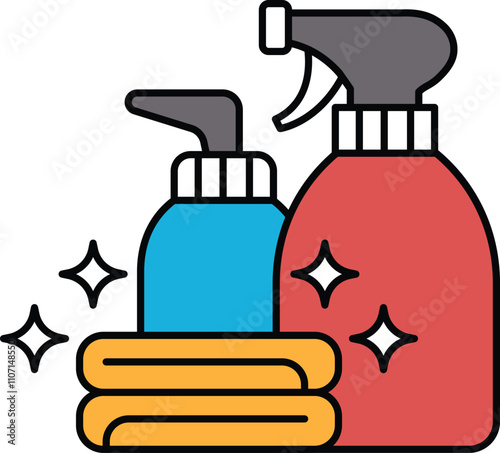 Two bottles of cleaning supplies, one blue and one red, with a towel in between