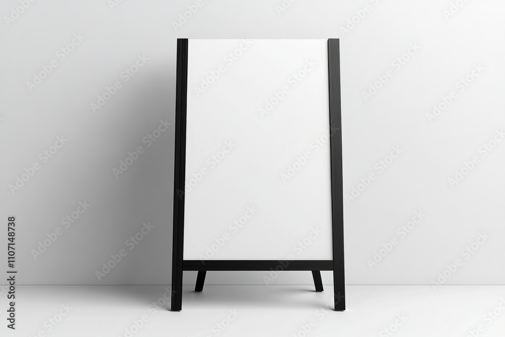 A black A-frame sidewalk sign with a blank white surface on a white background. A black A-frame sidewalk sign with a blank white surface on a white background.