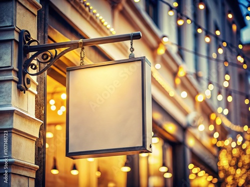 A vintage blank square sign dangles from a building, bathed in flattering lighting with a beautiful bokeh effect, creating an inviting and nostalgic atmosphere. photo