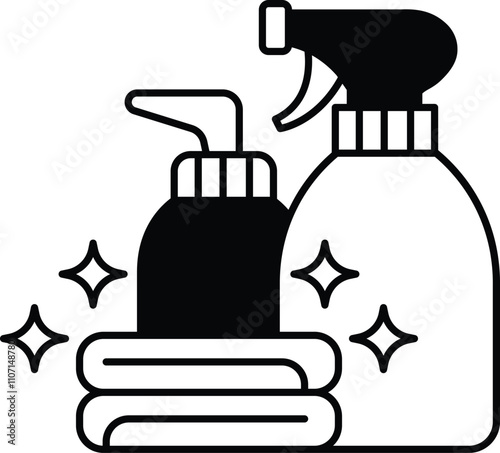Two bottles of cleaning supplies with a towel in between