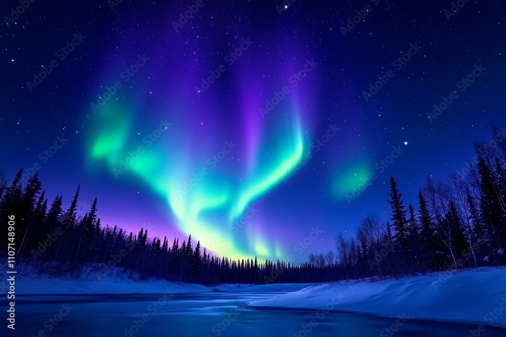 Naklejka premium Stunning Aurora Borealis Over Frosty River