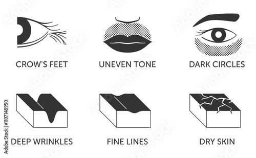 Facial skin problems icons set for of anti-age products, in monochrome style