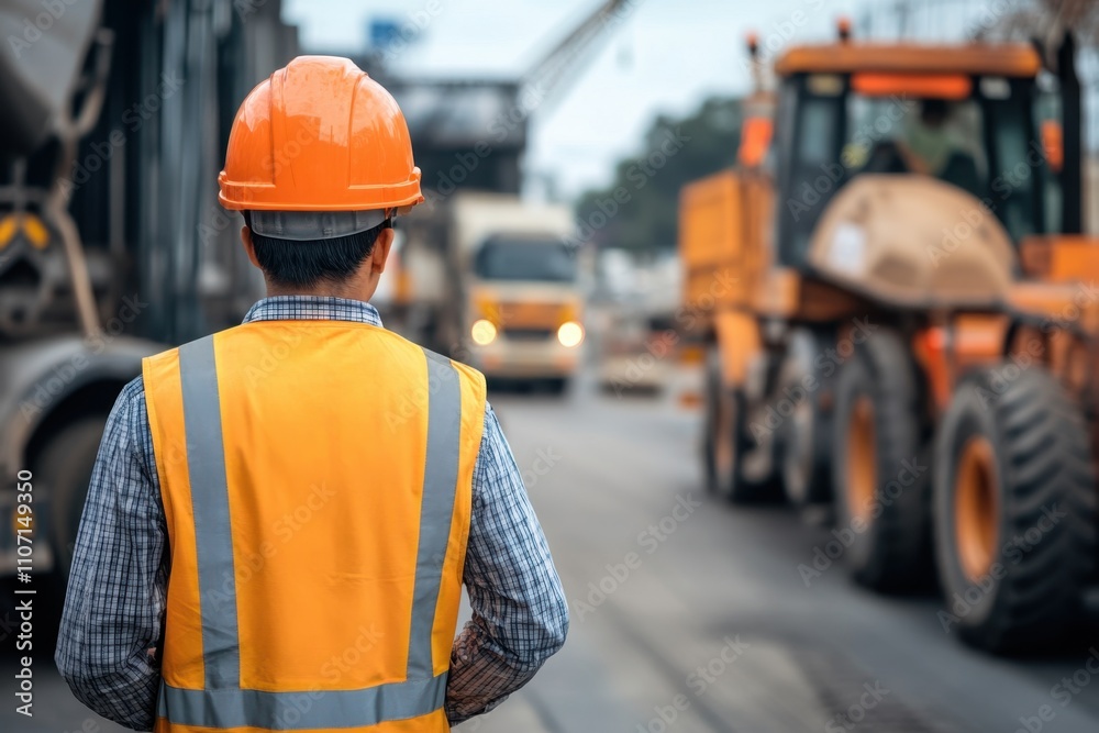 Construction worker observes machinery in action at a busy job site during the day Construction worker observes machinery in action at a busy job site during the day