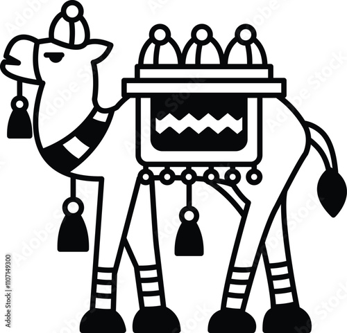A camel with a saddle and a black and white scarf on its neck