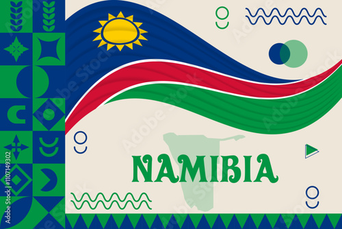 Namibia banner with cultural design. Independence day design for Namibia celebration. Modern neo geometric retro design with flag, map and abstract icons. Blue and Green. Vector Illustration