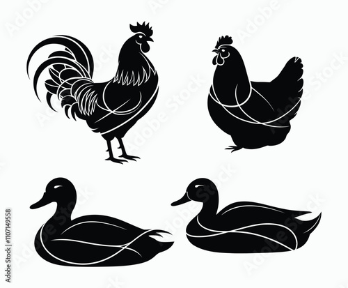 Elegant Chicken Rooster Duck Silhouettes Vector Collection Template