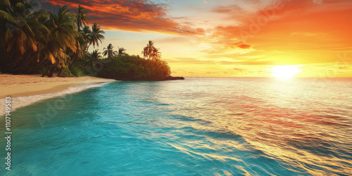A calm tropical island surrounded by crystal-clear turquoise water. The sandy beach is lined with palm trees, and the horizon features a fiery sunset.