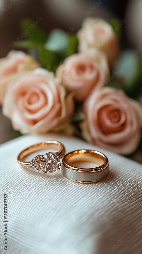 Two wedding rings resting on a soft fabric, surrounded by delicate pink roses. Two wedding rings resting on a soft fabric, surrounded by delicate pink roses.