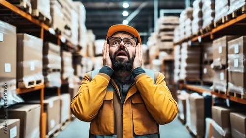 Middle-aged man in distress standing in a warehouse aisle surrounded by stacked cardboard boxes on shelves, wearing a yellow jacket and cap, holding his head in hands.