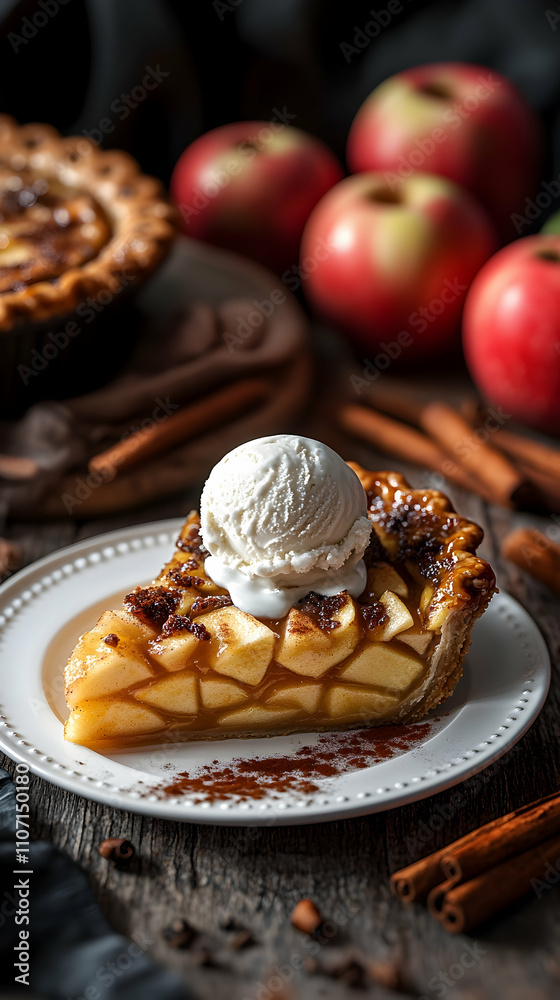 Delicious apple pie slice with vanilla ice cream, cinnamon sticks, and apples in the background. Delicious apple pie slice with vanilla ice cream, cinnamon sticks, and apples in the background.