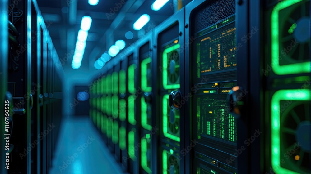 Server room with illuminated racks and equipment, suitable for technology and data center themes.
Server room with illuminated racks and equipment, suitable for technology and data center themes.