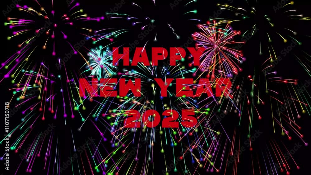 Abstract particle fireworks with happy new year 2025 text animation on the black background. Colorful fireworks festival beautiful night sky Concept merry Christmas and Happy new year 2025.