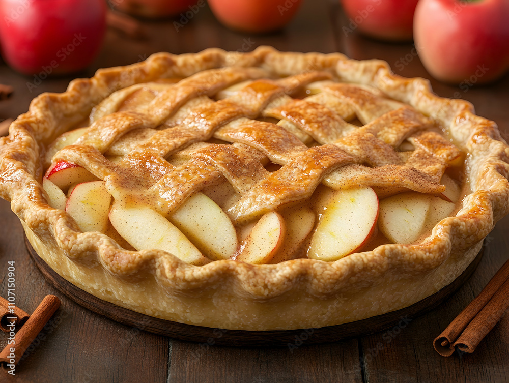 Delicious apple pie with lattice crust, cinnamon sticks, and apples. Delicious apple pie with lattice crust, cinnamon sticks, and apples.