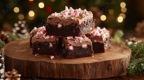 A stack of fudgy peppermint brownies with crushed candy canes on top, served on a rustic wooden platter surrounded by festive holiday greenery photo