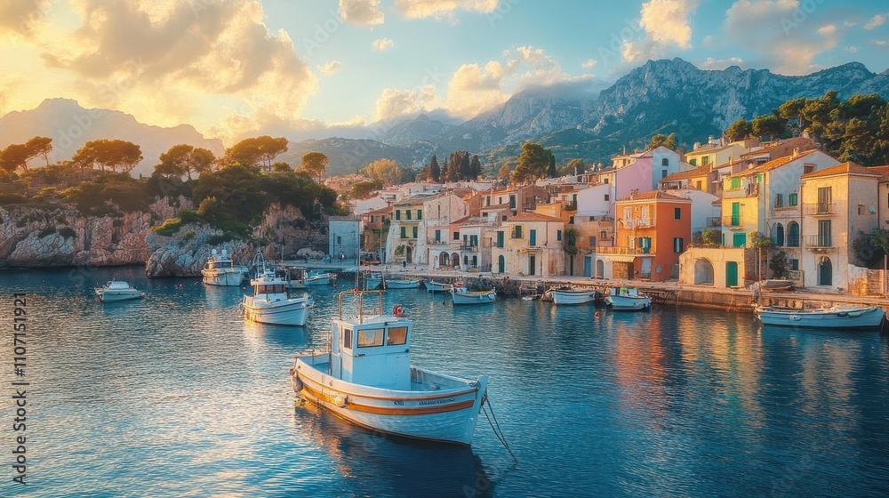 Fototapeta premium Fishing fleet anchored in the Mediterranean Sea, historic coastal town visible in the background, warm natural light