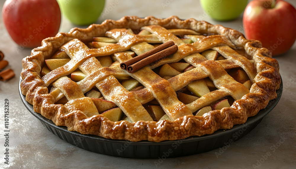 Delicious homemade apple pie with cinnamon sticks on top, surrounded by fresh apples. Delicious homemade apple pie with cinnamon sticks on top, surrounded by fresh apples.
