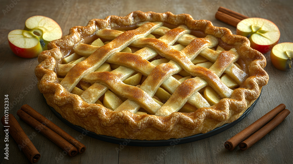 Delicious homemade apple pie with cinnamon sticks on wooden table. (1) Delicious homemade apple pie with cinnamon sticks on wooden table. (1)