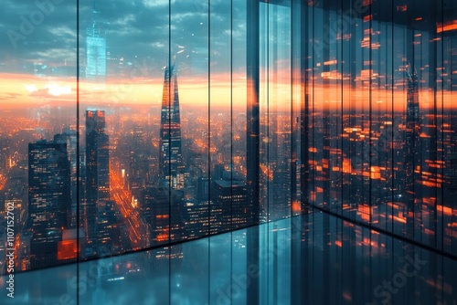 An empty room with floor-to-ceiling windows overlooking a city skyline at sunset.