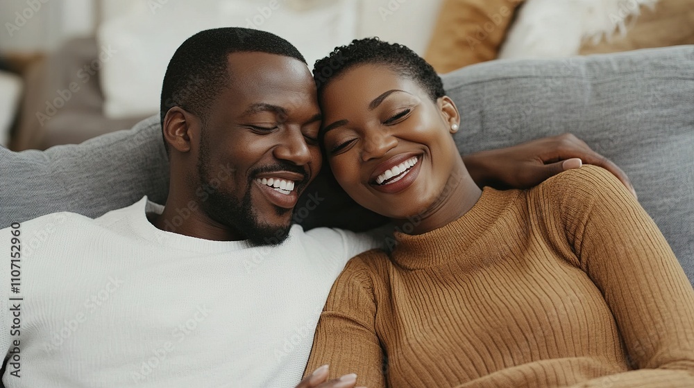Obraz premium A happy Black couple cuddling on the couch, smiling and looking at each other in love. The woman is wearing long sleeves while sitting down. 