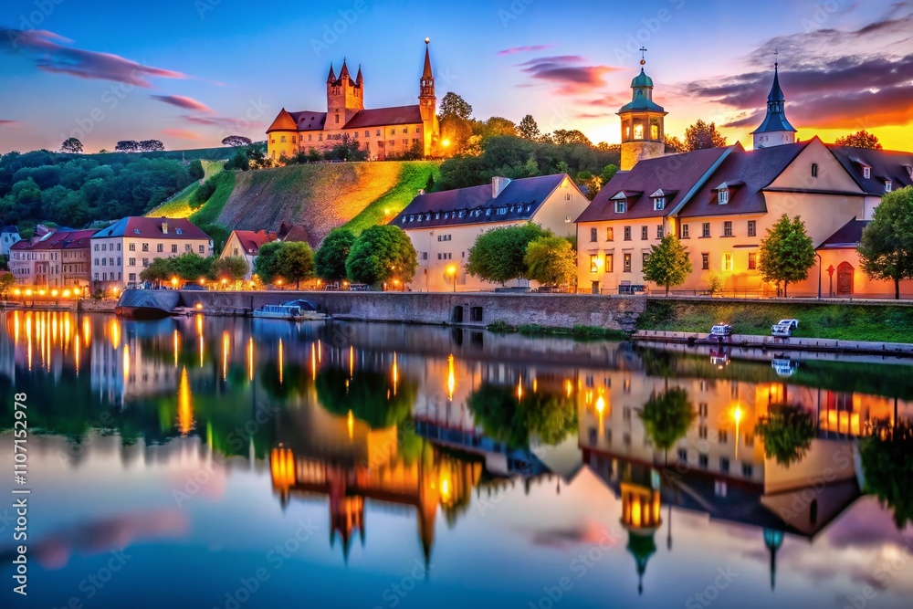 Fototapeta premium Surreal Evening at Mainufer with Marienkapelle: Dreamy Reflections and Twinkling Lights in Würzburg's Enchanting Landscape