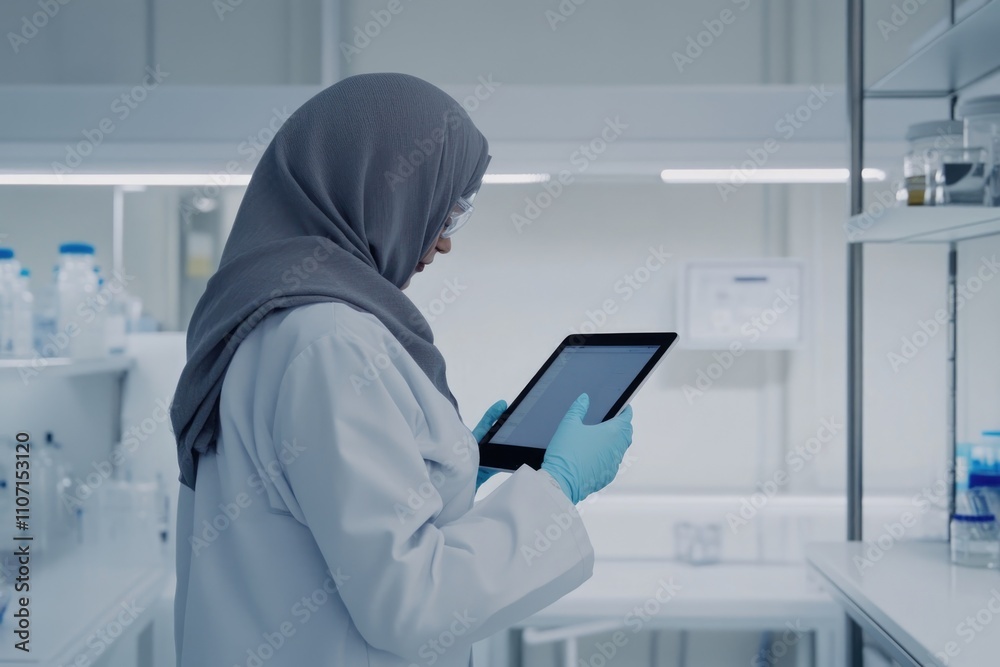 Muslim Scientist Analyzing Data on Tablet in Modern Laboratory Setting Muslim Scientist Analyzing Data on Tablet in Modern Laboratory Setting