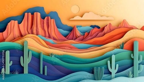 A seamless and colorful desert landscape in a paper cut style