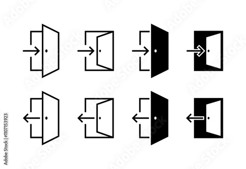 Entering and Exiting Door Icons. Linear style. Vector icons