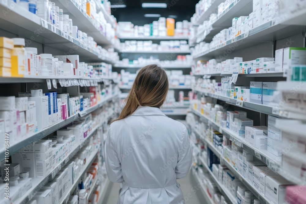 Pharmacist organizing medication in a well-stocked pharmacy aisle during daytime hours Pharmacist organizing medication in a well-stocked pharmacy aisle during daytime hours