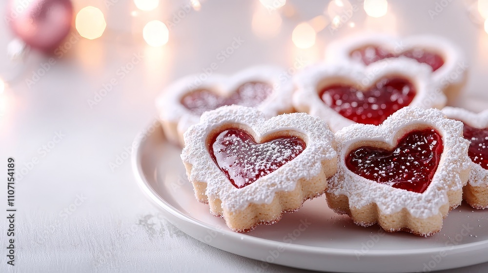 Heart and star linzer cookies filled with raspberry jam, dusted with sugar, arranged on a white ceramic plate, close-up, festive mood. linzer cookies, detailed, holiday treats Heart and star linzer cookies filled with raspberry jam, dusted with sugar, arranged on a white ceramic plate, close-up, festive mood. linzer cookies, detailed, holiday treats