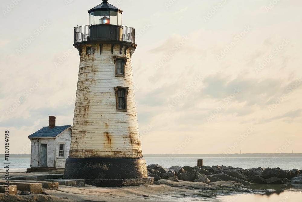 Historic lighthouse standing strong by the shore at sunset near the water