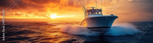Modern fishing boat equipped with radar and sonar, sleek design, and dynamic oceanic backdrop