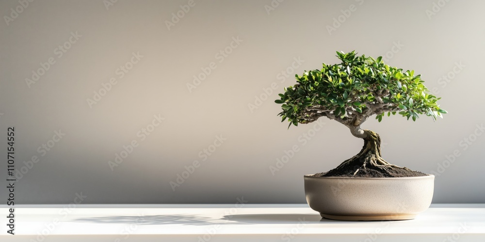 Elegant bonsai tree on minimalistic white surface in tranquil setting Elegant bonsai tree on minimalistic white surface in tranquil setting