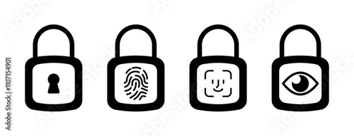 Key lock icon set. Biometric password. Silhouette Style. Vector icons