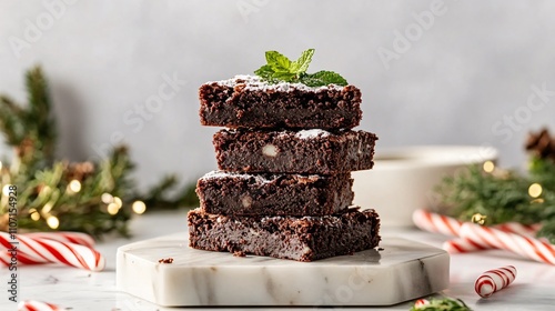 Peppermint brownies stacked on a marble stand, surrounded by candy canes and sprigs of fresh mint photo