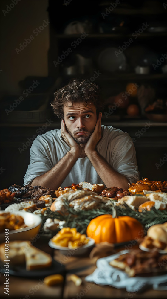 A contemplative man surrounded by a lavish spread of food, reflecting on abundance. A contemplative man surrounded by a lavish spread of food, reflecting on abundance.