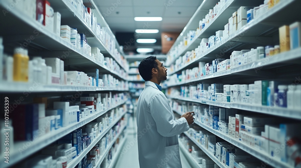 A pharmacist examines products in a well-organized pharmacy aisle. A pharmacist examines products in a well-organized pharmacy aisle.
