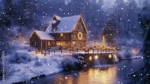 Wallpaper Mural Cozy Winter Cabin Surrounded by Snow and Lights, Capturing the Essence of Christmas Cheer in a Serene Landscape with Gentle Snowfall Torontodigital.ca
