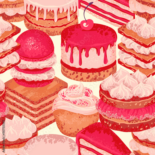 Seamless pattern featuring a variety of decadent desserts like layer cakes, cupcakes, and pastries in shades of pink and cream. Design for bakery branding, fabric designs, or packaging